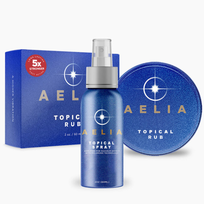 Bundle of blue box, tin and bottle of AELIA topical recovery rub and topical recovery spray