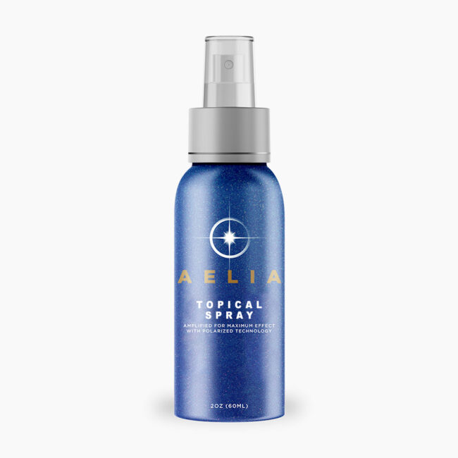 Blue bottle of AELIA topical spray